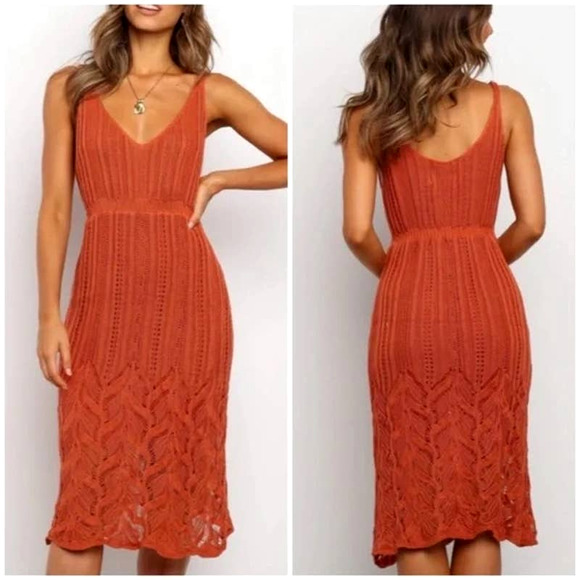 Petal & Pup Dresses & Skirts - PETAL + PUP Petrova Crochet Knit Midi Dress Rust Orange XS